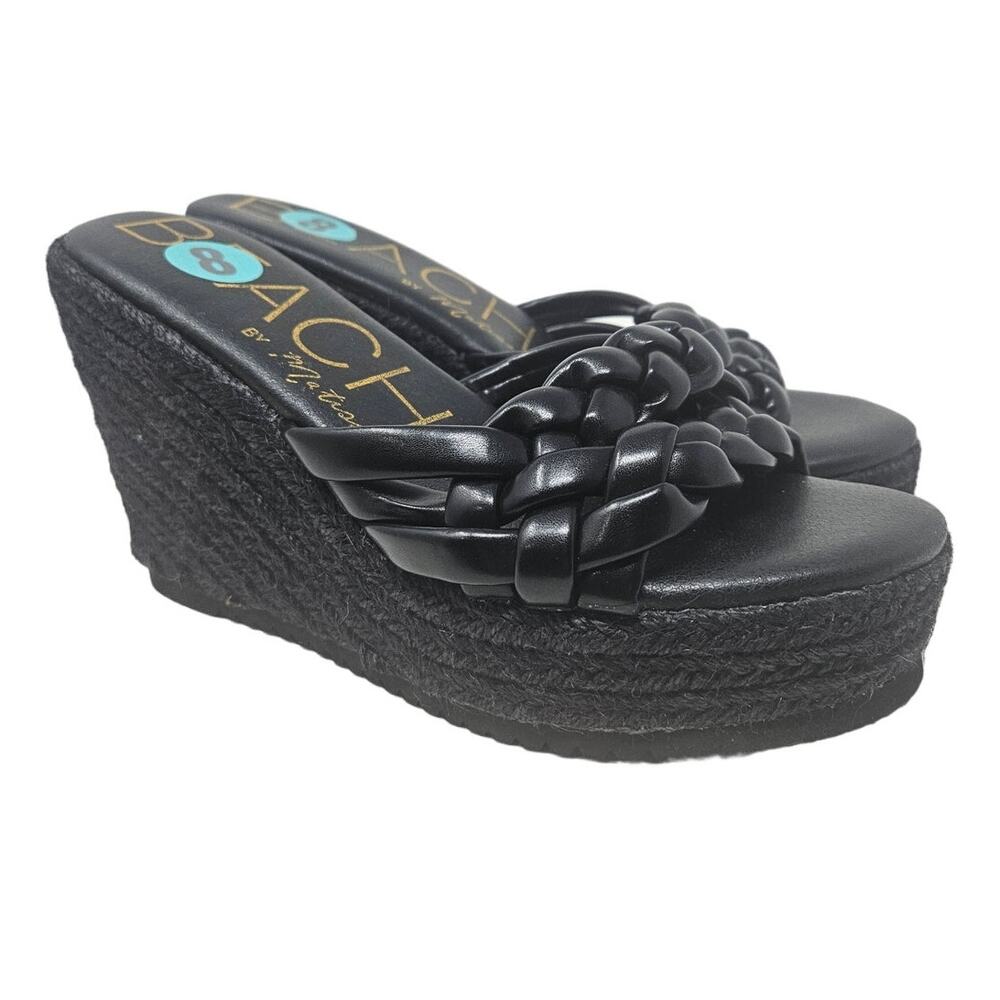 Beach Matisse 8 Sasha Black Braided Espadrille Wedge Sandal Slide Vegan